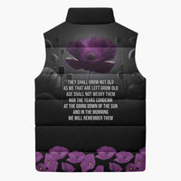 ANZAC Day Remembrance Sleeveless Puffer Jacket Purple Poppy We Will Remember Them