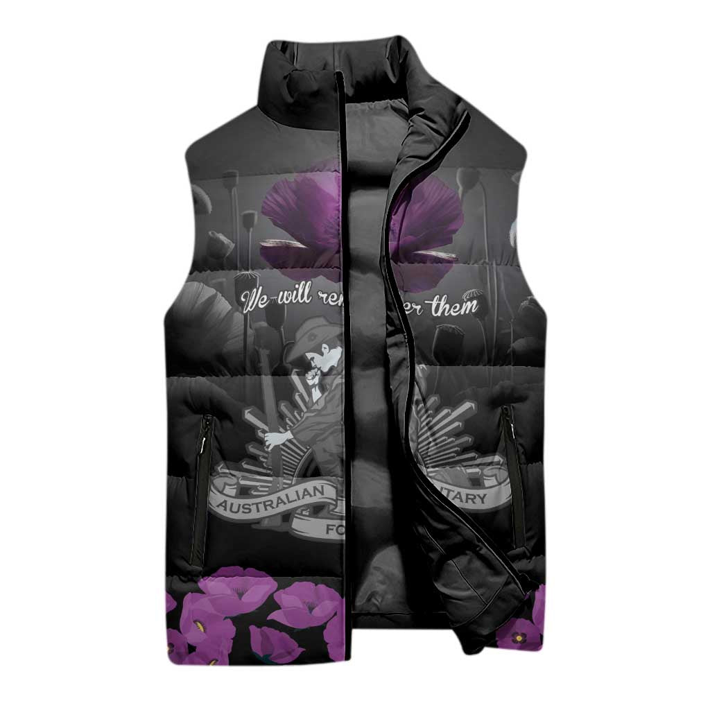 ANZAC Day Remembrance Sleeveless Puffer Jacket Purple Poppy We Will Remember Them