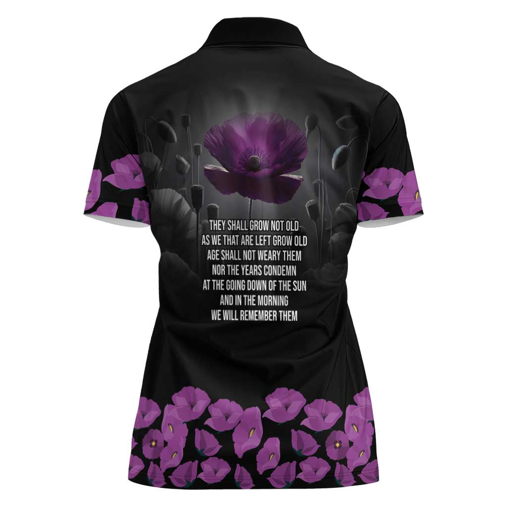 ANZAC Day Remembrance Women Polo Shirt Purple Poppy We Will Remember Them