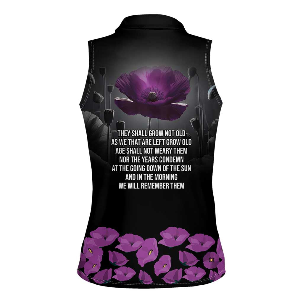 ANZAC Day Remembrance Women Sleeveless Polo Shirt Purple Poppy We Will Remember Them