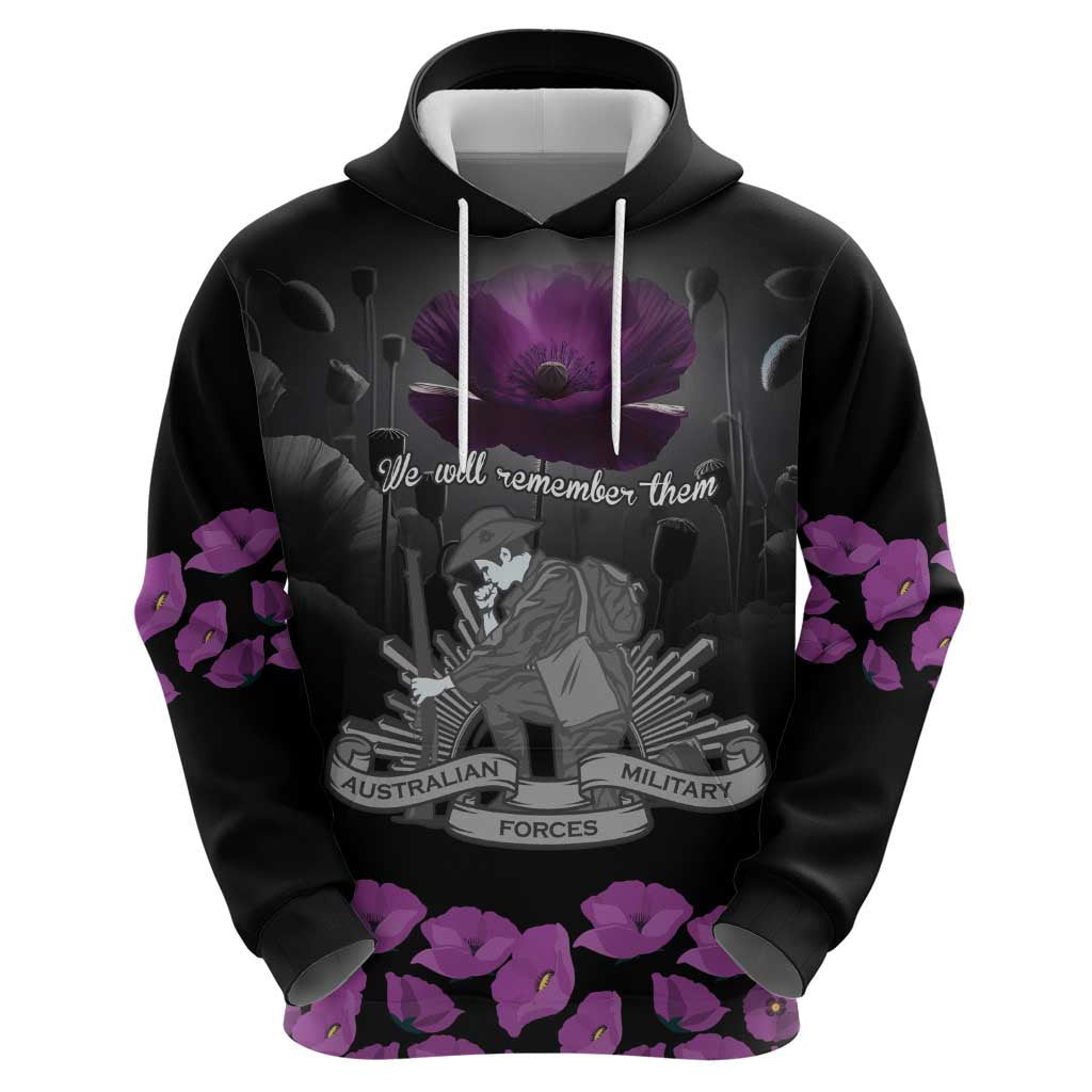 ANZAC Day Remembrance Zip Hoodie Purple Poppy We Will Remember Them