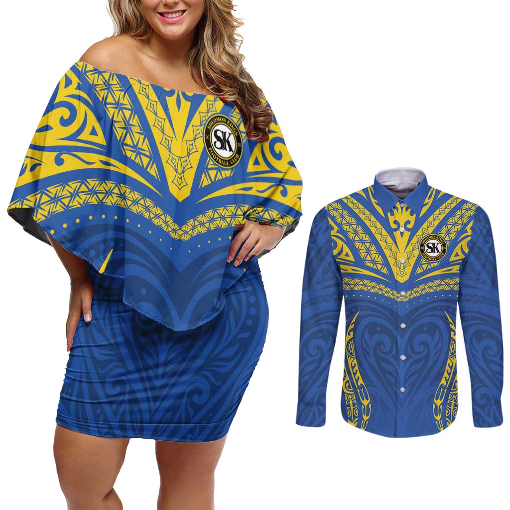 Custom Oceania Football Solomon Kings Couples Matching Off Shoulder Short Dress and Long Sleeve Button Shirt Polynesian Tribal Pattern