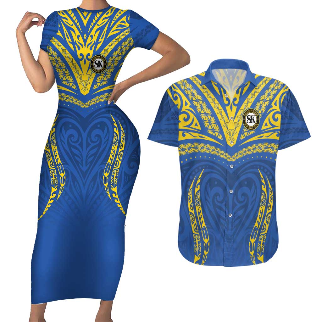 Custom Oceania Football Solomon Kings Couples Matching Short Sleeve Bodycon Dress and Hawaiian Shirt Polynesian Tribal Pattern