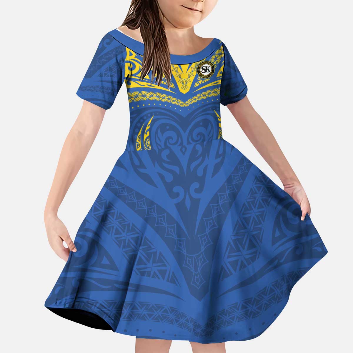 Custom Oceania Football Solomon Kings Kid Short Sleeve Dress Polynesian Tribal Pattern