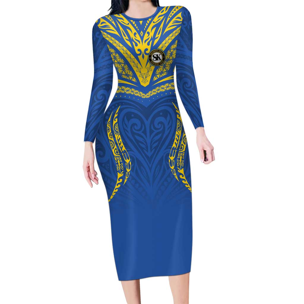 Custom Oceania Football Solomon Kings Long Sleeve Bodycon Dress Polynesian Tribal Pattern LT9 Long Dress Blue - Polynesian Pride