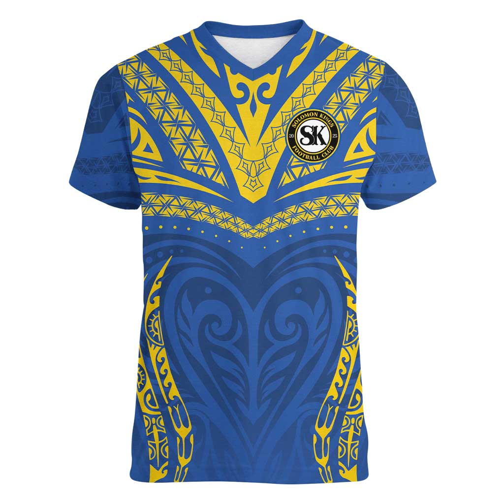 Custom Oceania Football Solomon Kings Women V-Neck T-Shirt Polynesian Tribal Pattern