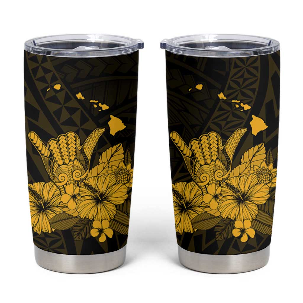 Gold Hawaiian Hibiscus Shaka Sign Tumbler Cup