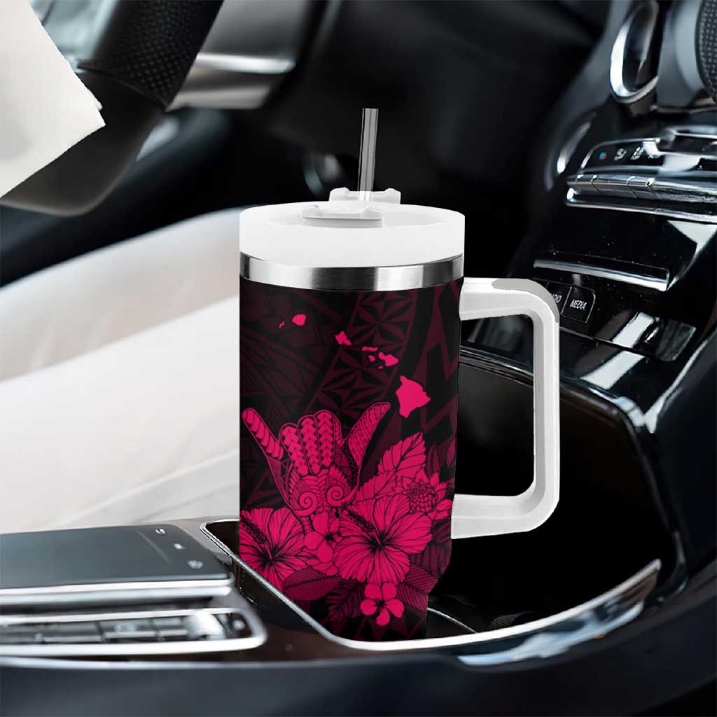 Pink Hawaiian Hibiscus Shaka Sign Tumbler With Handle