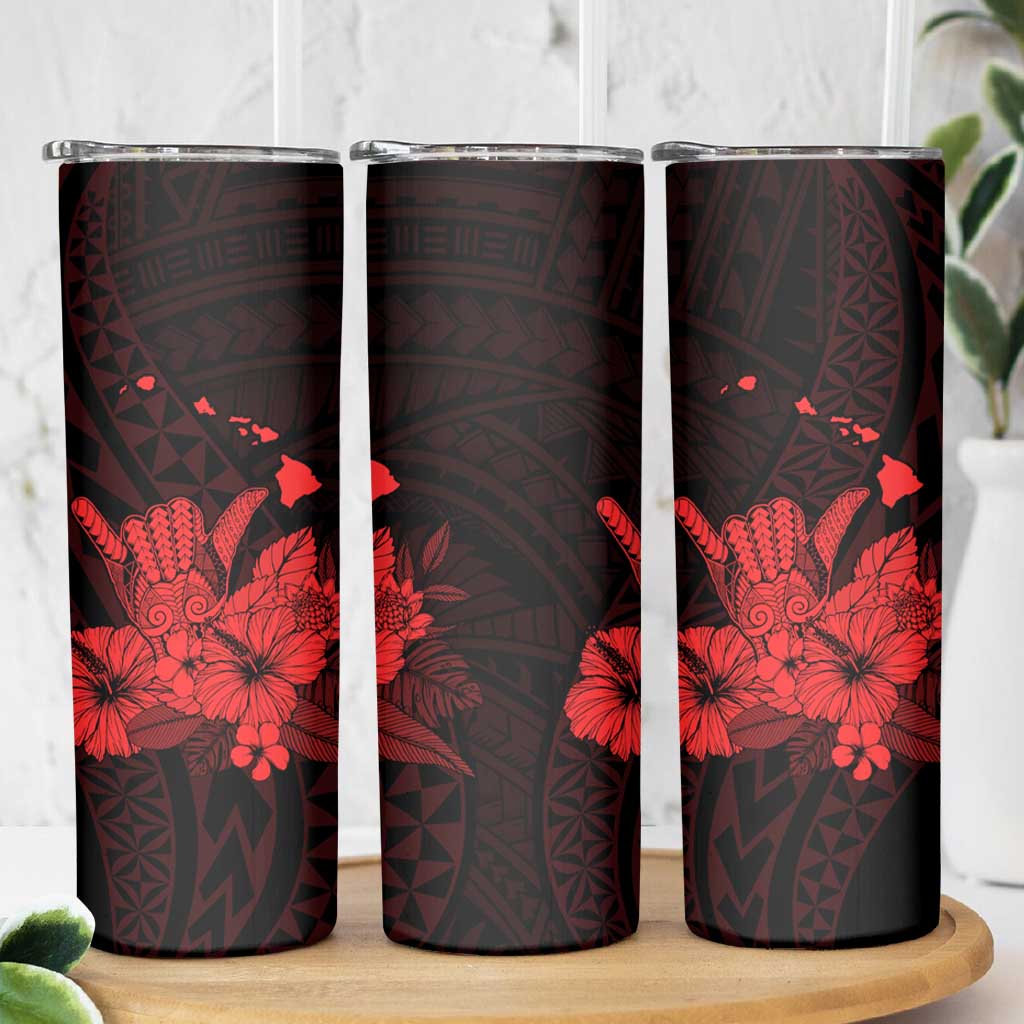 Red Hawaiian Hibiscus Shaka Sign Skinny Tumbler