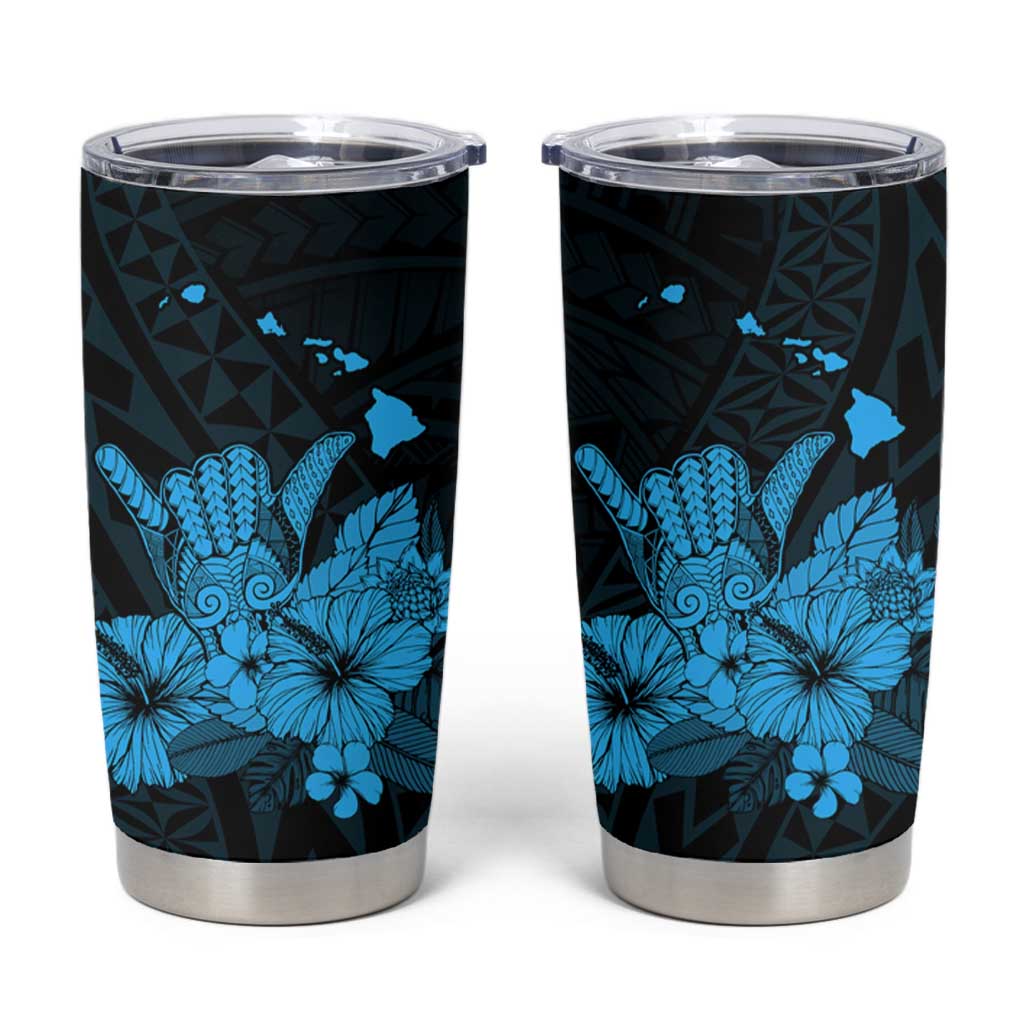 Blue Hawaiian Hibiscus Shaka Sign Tumbler Cup