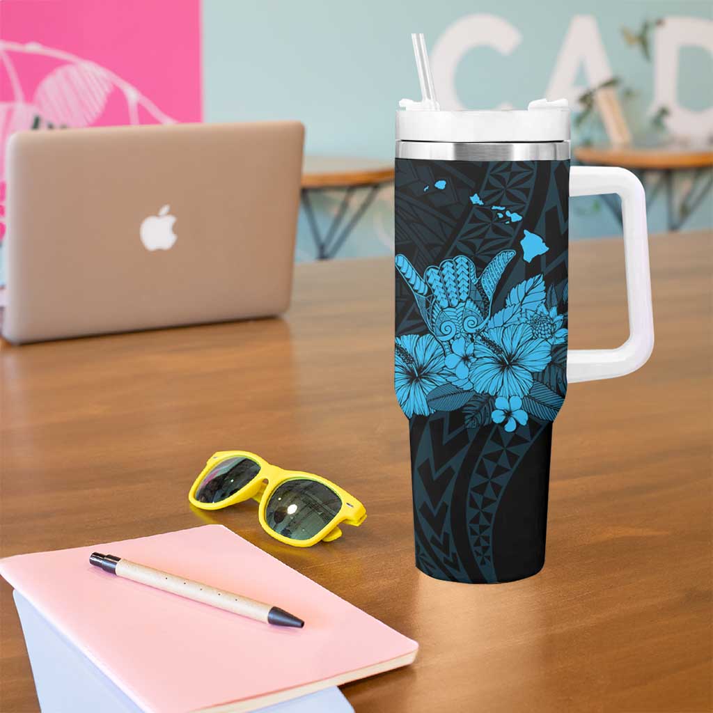 Blue Hawaiian Hibiscus Shaka Sign Tumbler With Handle