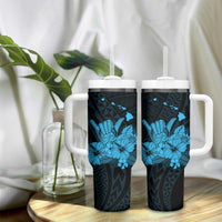 Blue Hawaiian Hibiscus Shaka Sign Tumbler With Handle