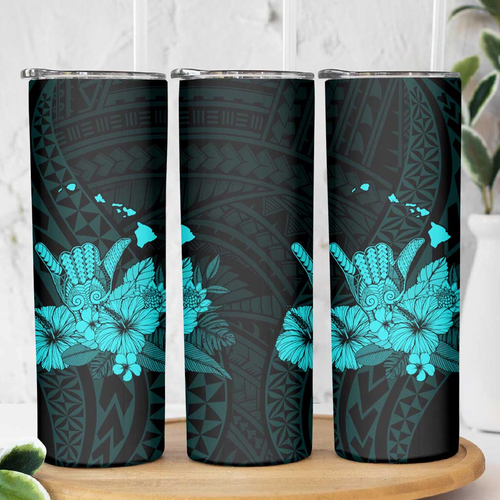 Turquoise Hawaiian Hibiscus Shaka Sign Skinny Tumbler