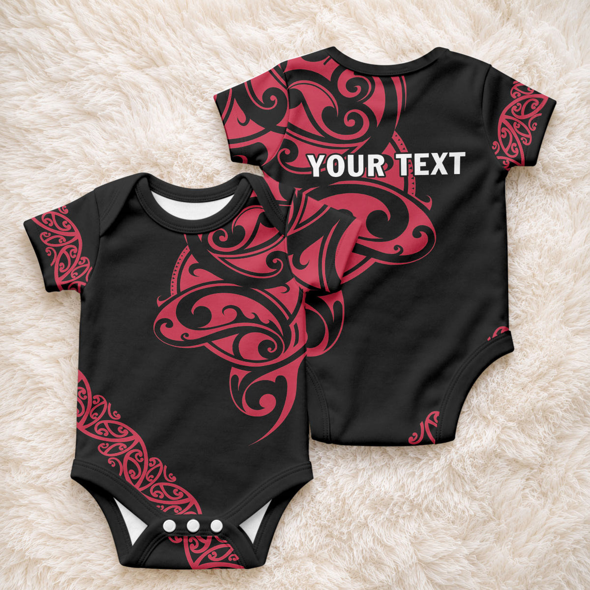 All Black Maori Tribal Tattoo Personalised Baby Onesie Classic Red Polynesian Style