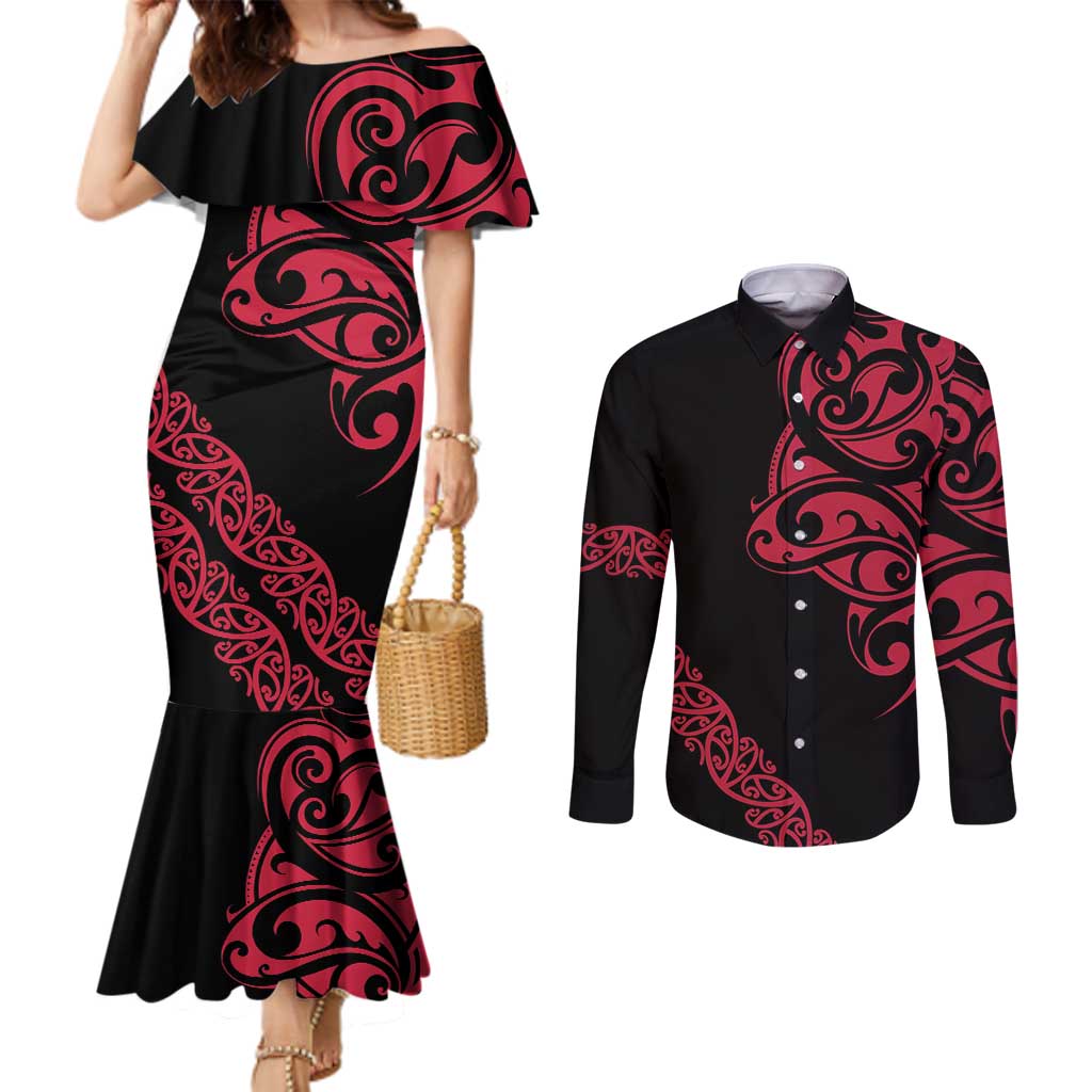 All Black Maori Tribal Tattoo Personalised Couples Matching Mermaid Dress and Long Sleeve Button Shirt Classic Red Polynesian Style - Polynesian Pride