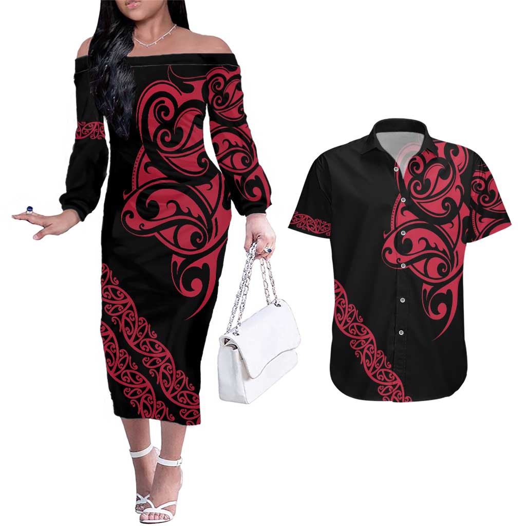 All Black Maori Tribal Tattoo Personalised Couples Matching Off The Shoulder Long Sleeve Dress and Hawaiian Shirt Classic Red Polynesian Style - Polynesian Pride
