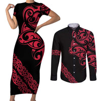 All Black Maori Tribal Tattoo Personalised Couples Matching Short Sleeve Bodycon Dress and Long Sleeve Button Shirt Classic Red Polynesian Style - Polynesian Pride