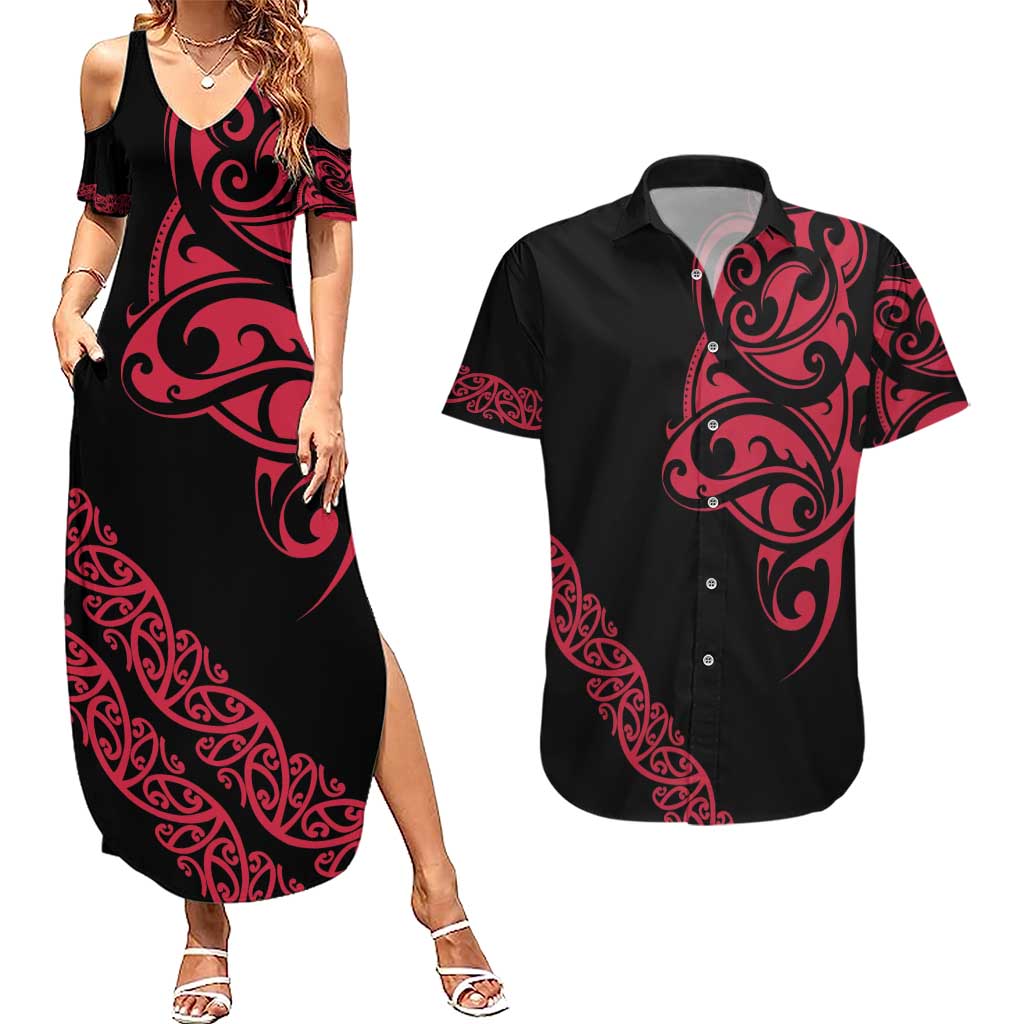All Black Maori Tribal Tattoo Personalised Couples Matching Summer Maxi Dress and Hawaiian Shirt Classic Red Polynesian Style - Polynesian Pride