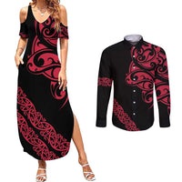 All Black Maori Tribal Tattoo Personalised Couples Matching Summer Maxi Dress and Long Sleeve Button Shirt Classic Red Polynesian Style - Polynesian Pride