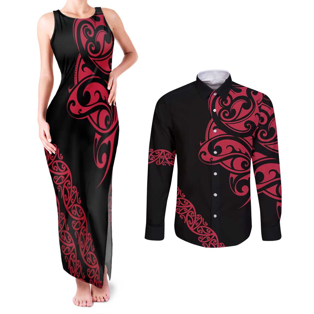 All Black Maori Tribal Tattoo Personalised Couples Matching Tank Maxi Dress and Long Sleeve Button Shirt Classic Red Polynesian Style - Polynesian Pride