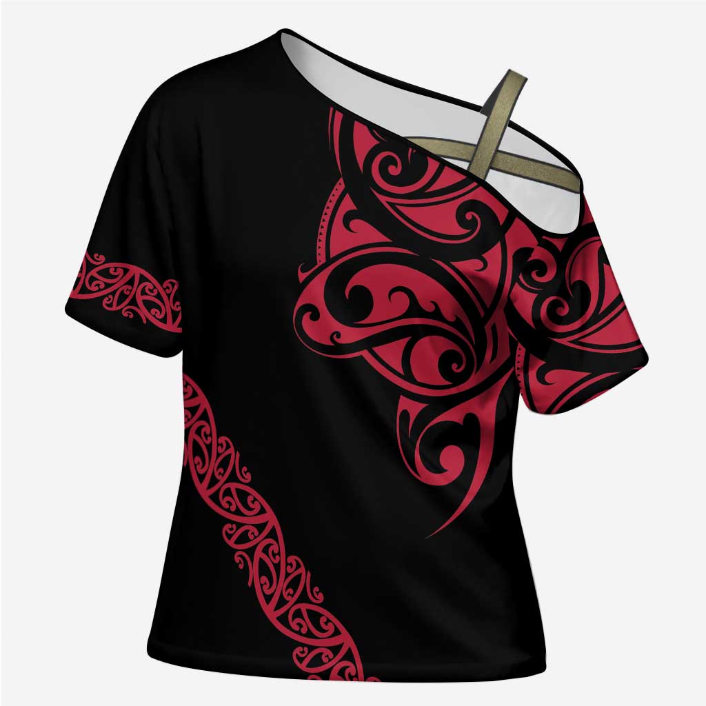 All Black Maori Tribal Tattoo Personalised Cross Shoulder Shirt Classic Red Polynesian Style - Polynesian Pride