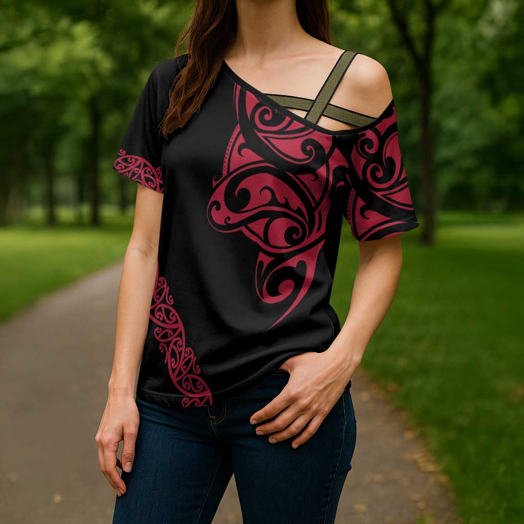All Black Maori Tribal Tattoo Personalised Cross Shoulder Shirt Classic Red Polynesian Style - Polynesian Pride