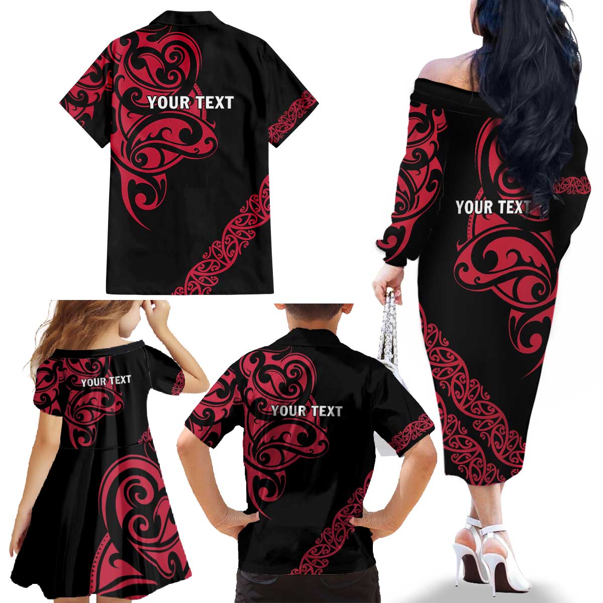 All Black Maori Tribal Tattoo Personalised Family Matching Off The Shoulder Long Sleeve Dress and Hawaiian Shirt Classic Red Polynesian Style - Polynesian Pride