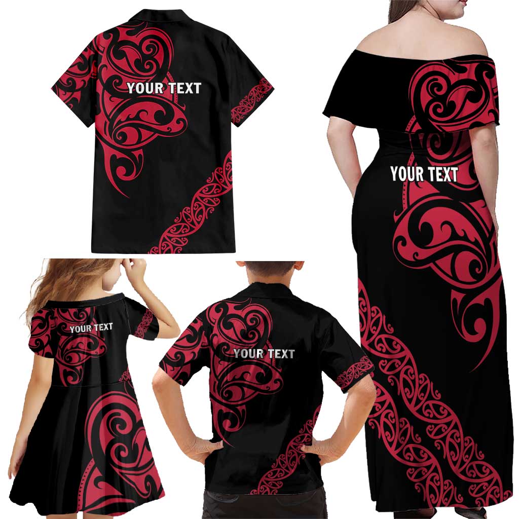 All Black Maori Tribal Tattoo Personalised Family Matching Off Shoulder Maxi Dress and Hawaiian Shirt Classic Red Polynesian Style - Polynesian Pride