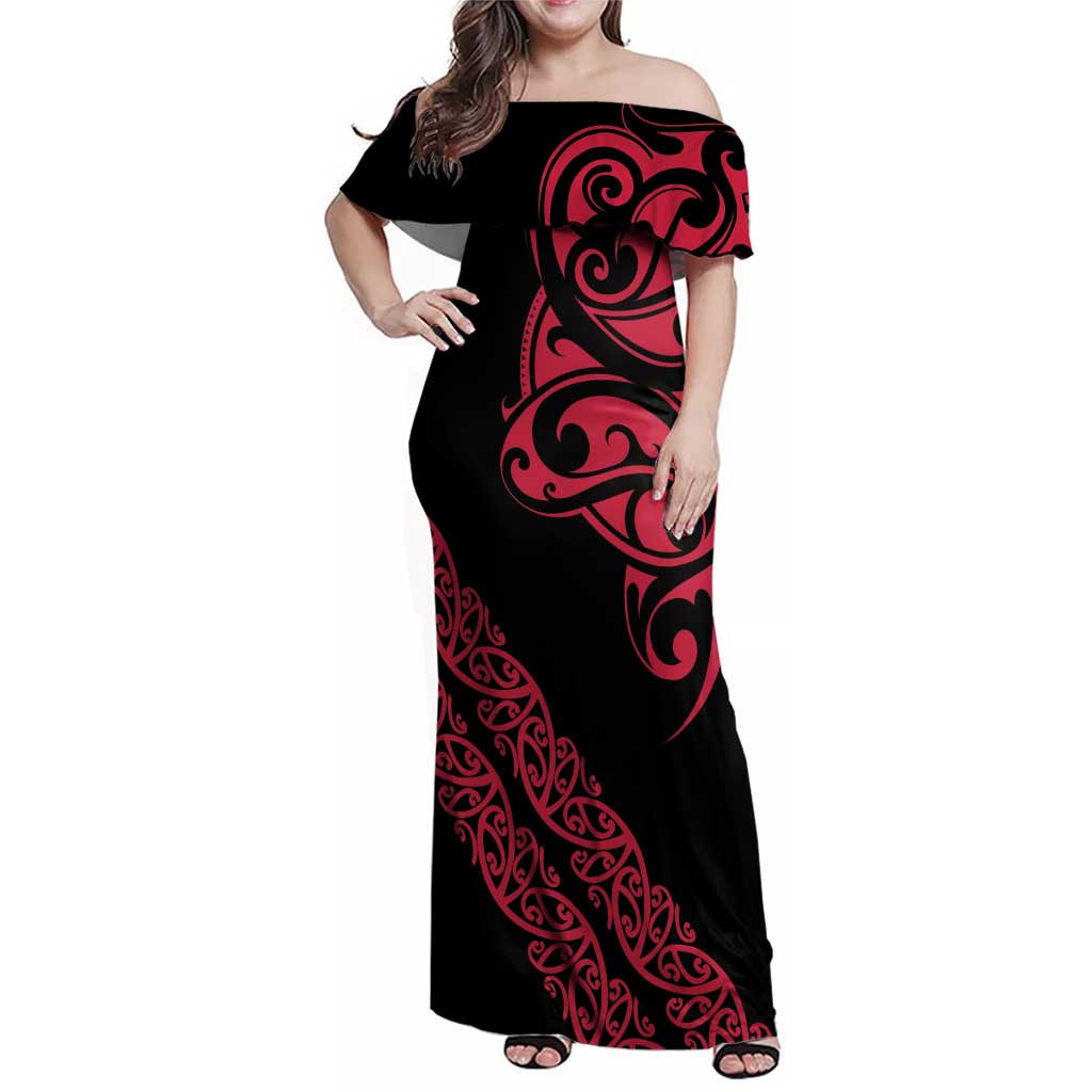 All Black Maori Tribal Tattoo Personalised Family Matching Off Shoulder Maxi Dress and Hawaiian Shirt Classic Red Polynesian Style - Polynesian Pride