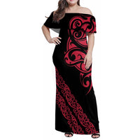 All Black Maori Tribal Tattoo Personalised Family Matching Off Shoulder Maxi Dress and Hawaiian Shirt Classic Red Polynesian Style - Polynesian Pride