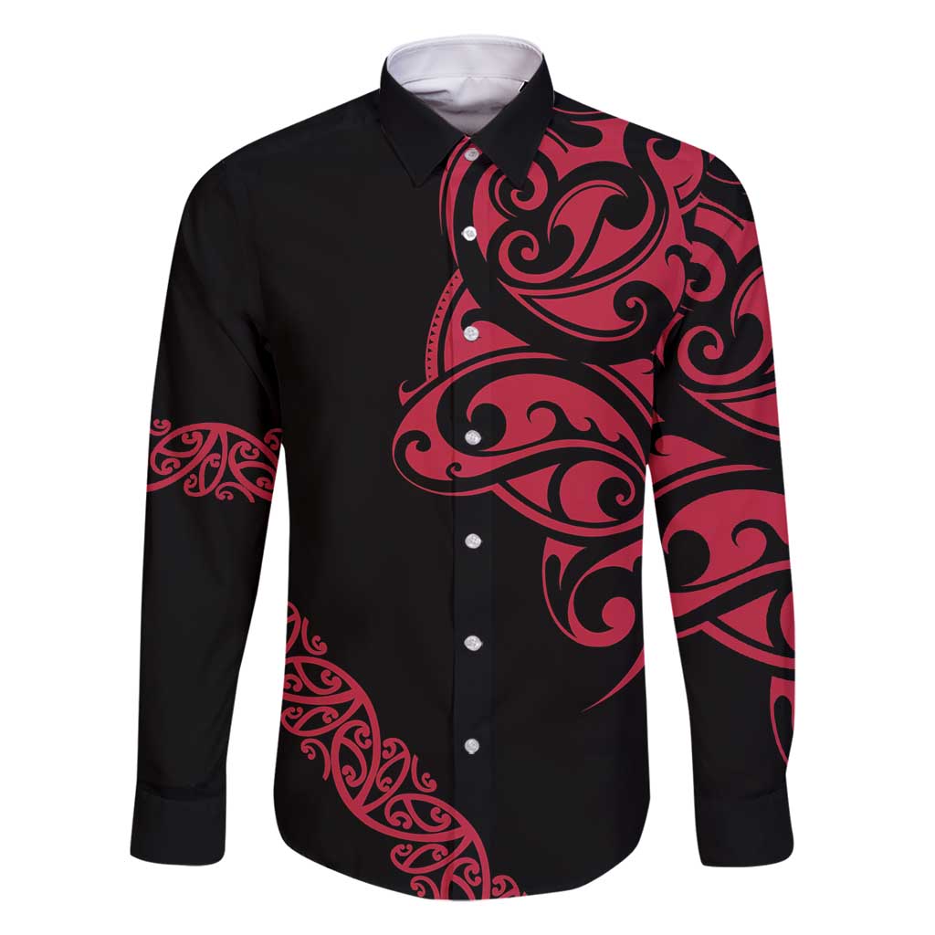 All Black Maori Tribal Tattoo Personalised Family Matching Off Shoulder Short Dress and Hawaiian Shirt Classic Red Polynesian Style LT9 Dad's Shirt - Long Sleeve Red - Polynesian Pride