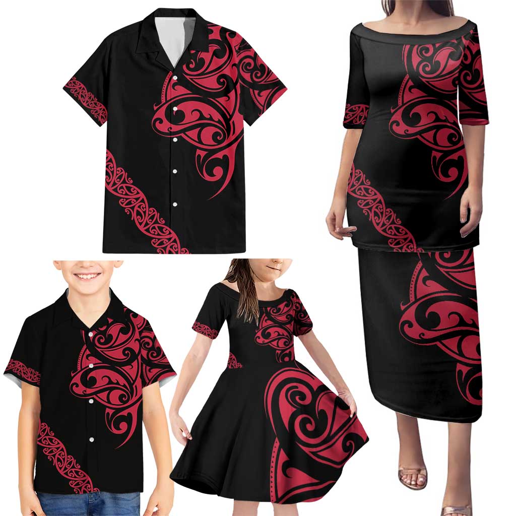 All Black Maori Tribal Tattoo Personalised Family Matching Puletasi and Hawaiian Shirt Classic Red Polynesian Style - Polynesian Pride