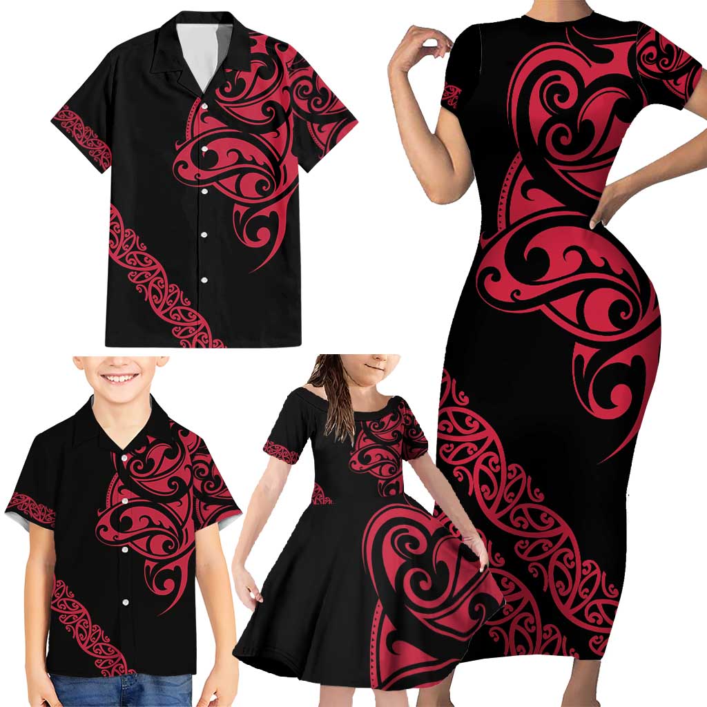 All Black Maori Tribal Tattoo Personalised Family Matching Short Sleeve Bodycon Dress and Hawaiian Shirt Classic Red Polynesian Style - Polynesian Pride