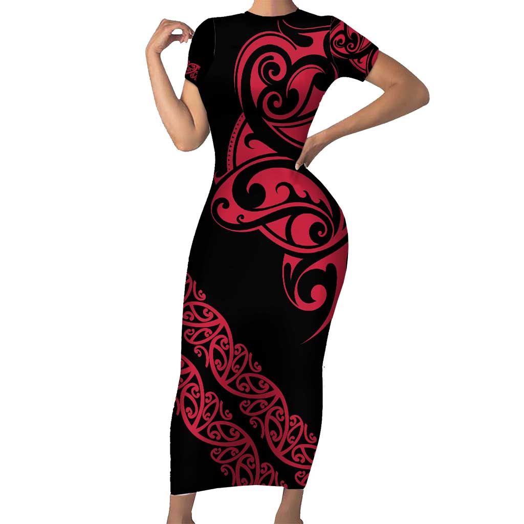 All Black Maori Tribal Tattoo Personalised Family Matching Short Sleeve Bodycon Dress and Hawaiian Shirt Classic Red Polynesian Style - Polynesian Pride