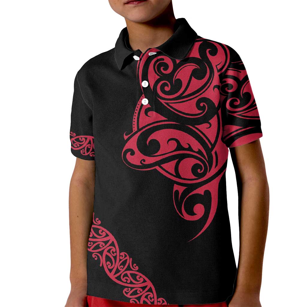 All Black Maori Tribal Tattoo Personalised Kid Polo Shirt Classic Red Polynesian Style - Polynesian Pride