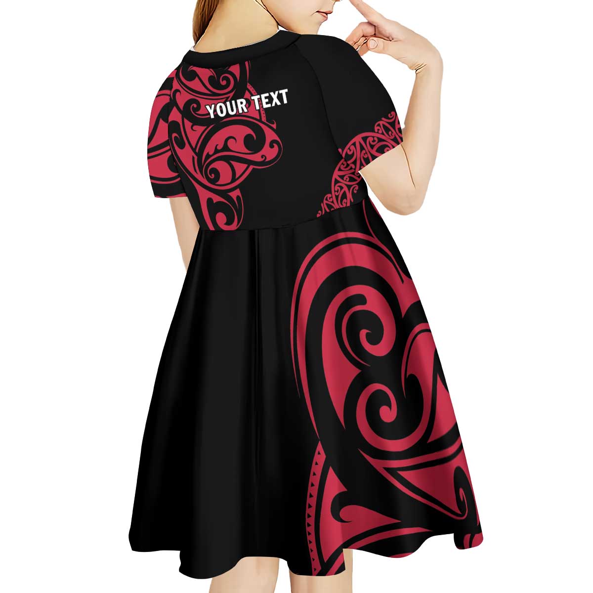 All Black Maori Tribal Tattoo Personalised Kid Short Sleeve Dress Classic Red Polynesian Style - Polynesian Pride