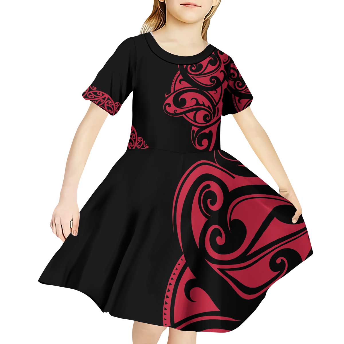 All Black Maori Tribal Tattoo Personalised Kid Short Sleeve Dress Classic Red Polynesian Style - Polynesian Pride