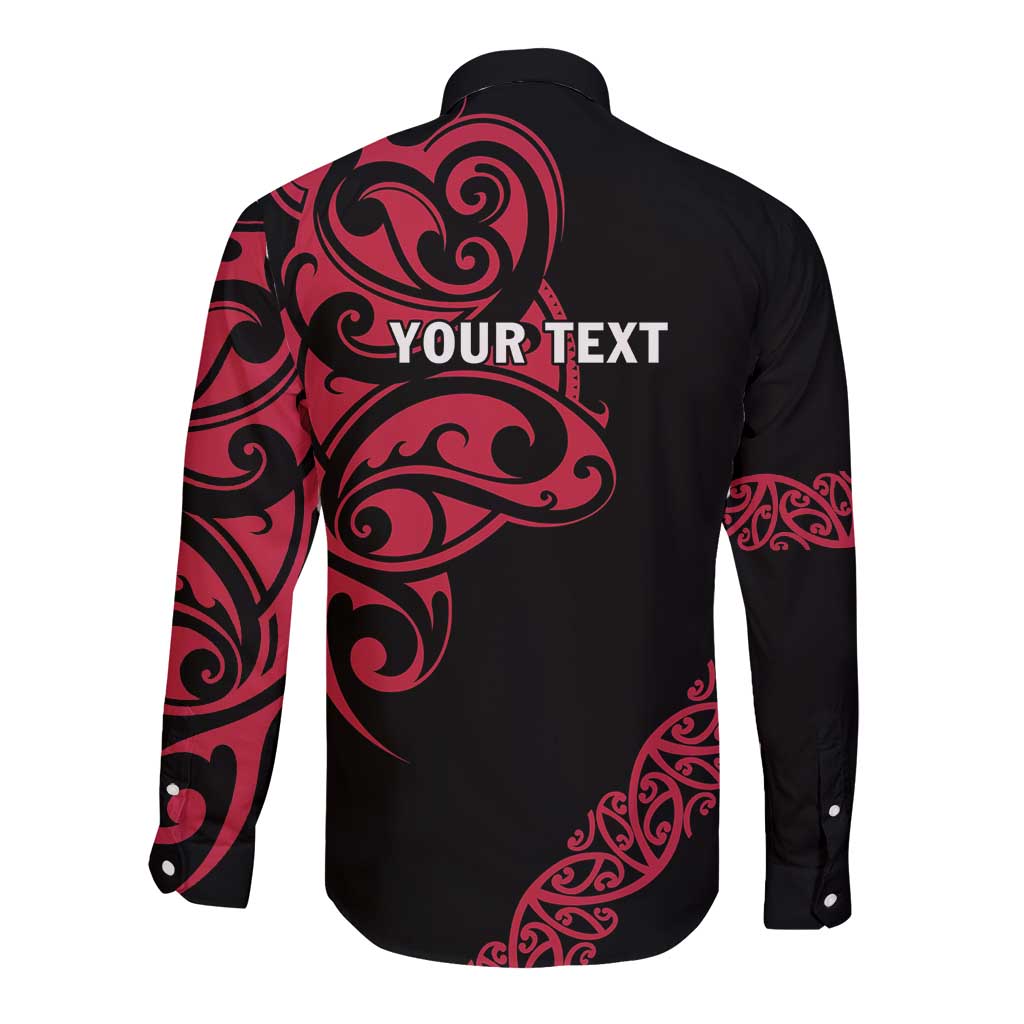 All Black Maori Tribal Tattoo Personalised Long Sleeve Button Shirt Classic Red Polynesian Style - Polynesian Pride