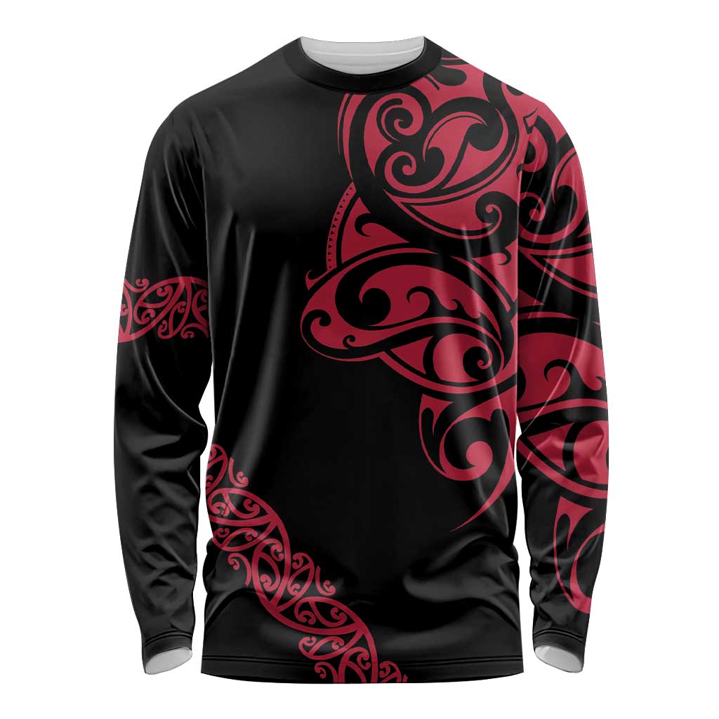 All Black Maori Tribal Tattoo Personalised Long Sleeve Shirt Classic Red Polynesian Style - Polynesian Pride