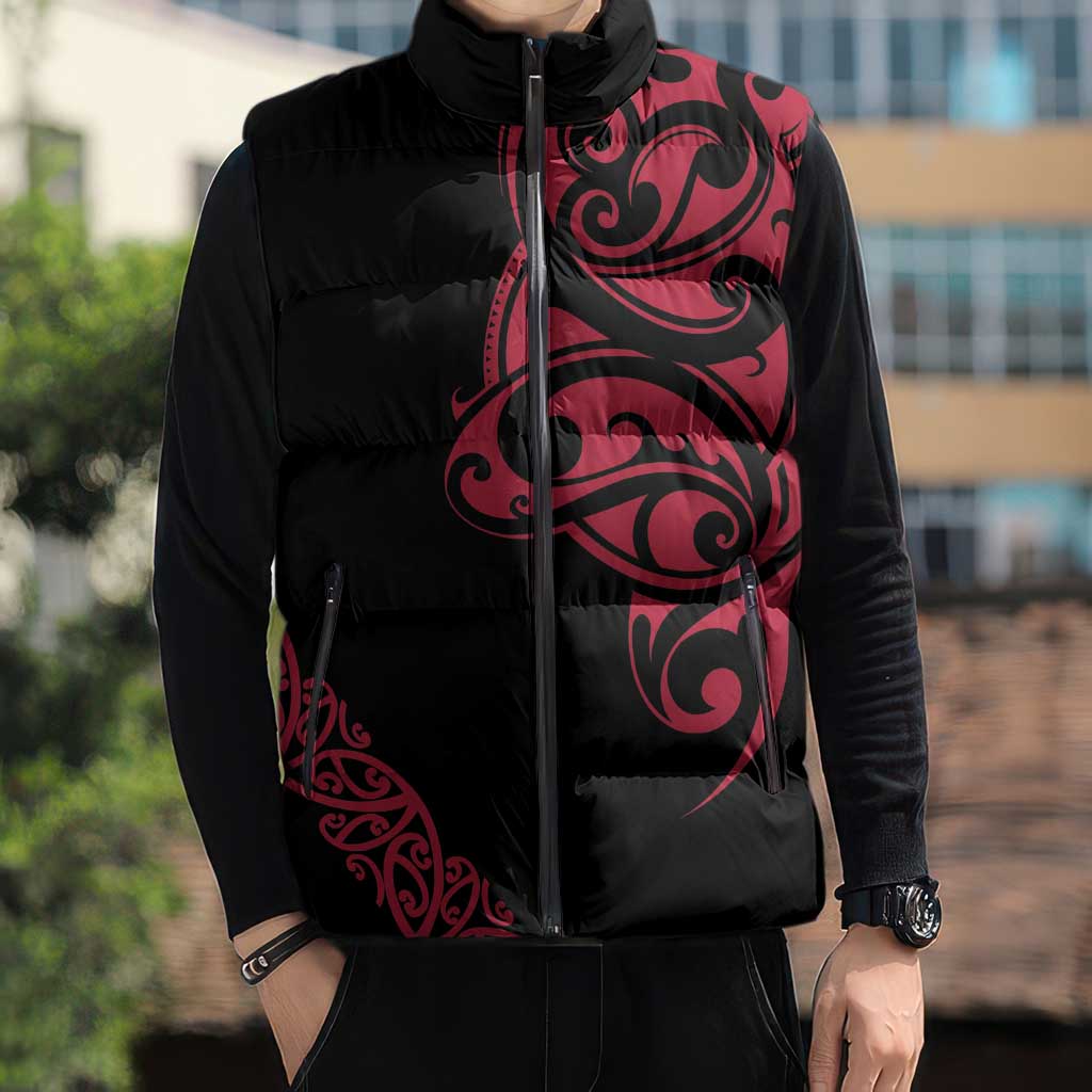All Black Maori Tribal Tattoo Personalised Sleeveless Puffer Jacket Classic Red Polynesian Style - Polynesian Pride