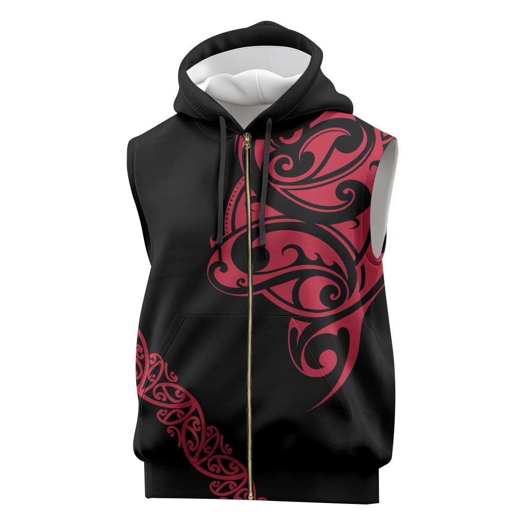 All Black Maori Tribal Tattoo Personalised Sleeveless Zip Hoodie Classic Red Polynesian Style - Polynesian Pride