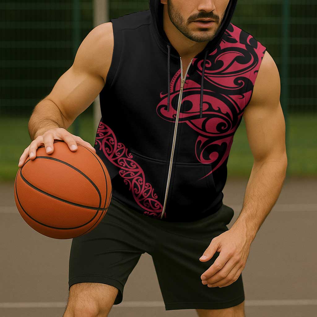 All Black Maori Tribal Tattoo Personalised Sleeveless Zip Hoodie Classic Red Polynesian Style - Polynesian Pride