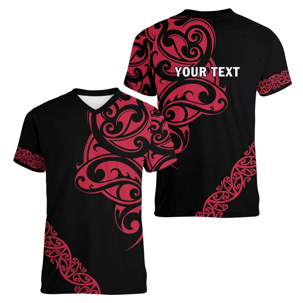 All Black Maori Tribal Tattoo Personalised Women V-Neck T-Shirt Classic Red Polynesian Style - Polynesian Pride