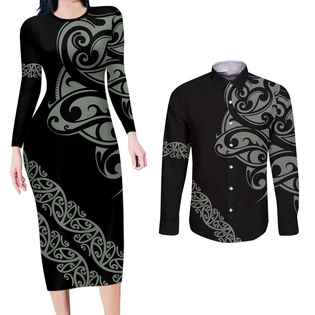 All Black Maori Tribal Tattoo Personalised Couples Matching Long Sleeve Bodycon Dress and Long Sleeve Button Shirt Moss Green Polynesian Style - Polynesian Pride