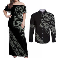 All Black Maori Tribal Tattoo Personalised Couples Matching Off Shoulder Maxi Dress and Long Sleeve Button Shirt Moss Green Polynesian Style - Polynesian Pride