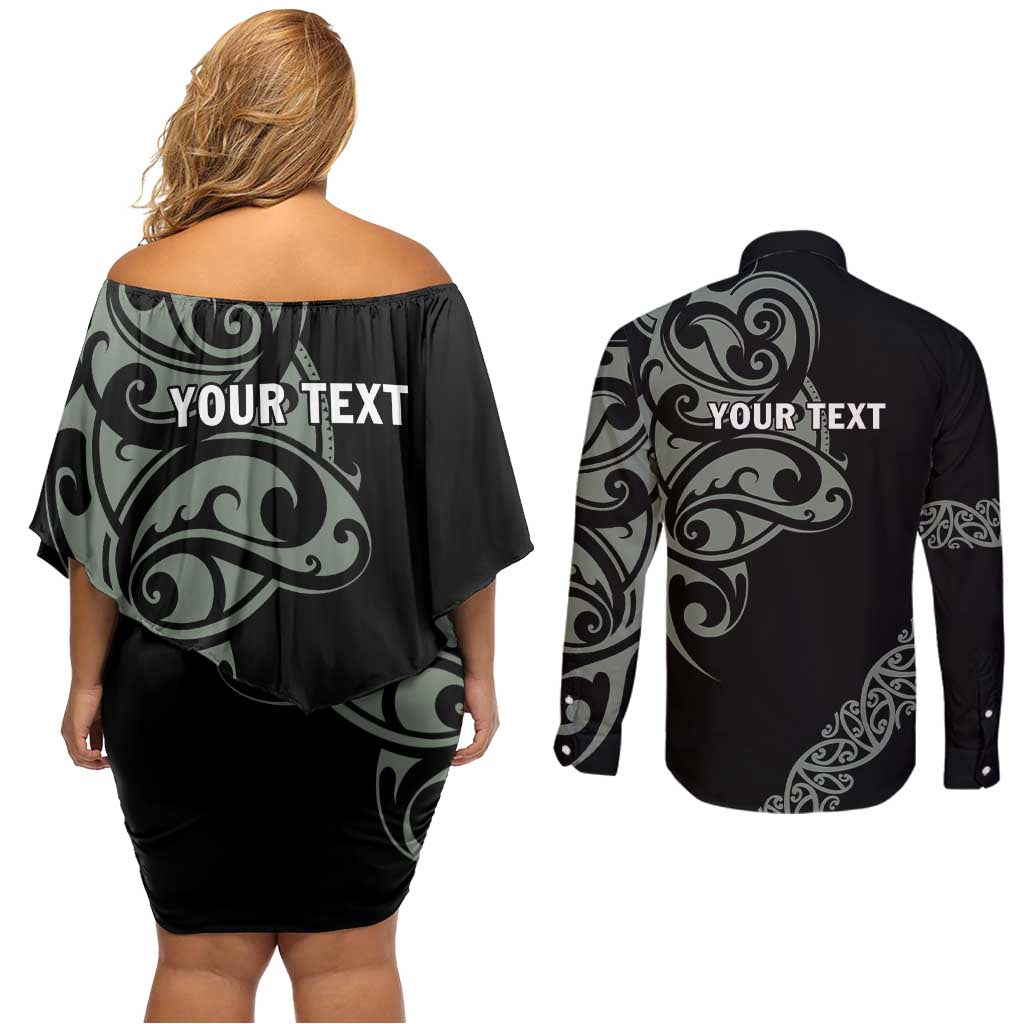 All Black Maori Tribal Tattoo Personalised Couples Matching Off Shoulder Short Dress and Long Sleeve Button Shirt Moss Green Polynesian Style - Polynesian Pride