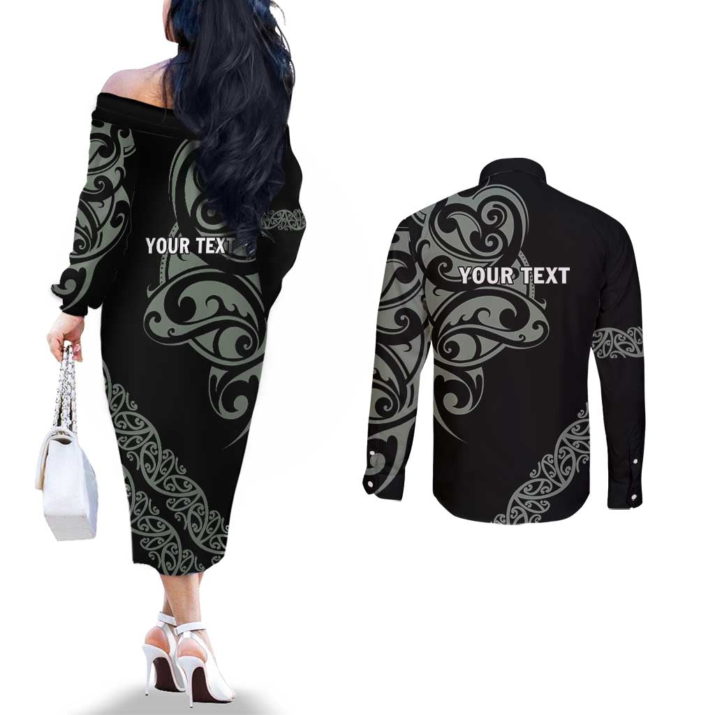 All Black Maori Tribal Tattoo Personalised Couples Matching Off The Shoulder Long Sleeve Dress and Long Sleeve Button Shirt Moss Green Polynesian Style - Polynesian Pride
