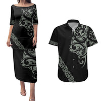 All Black Maori Tribal Tattoo Personalised Couples Matching Puletasi and Hawaiian Shirt Moss Green Polynesian Style - Polynesian Pride