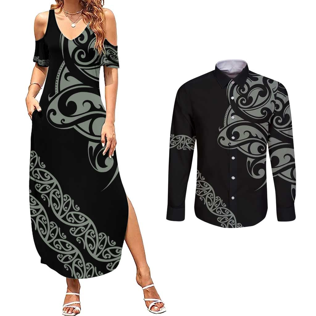 All Black Maori Tribal Tattoo Personalised Couples Matching Summer Maxi Dress and Long Sleeve Button Shirt Moss Green Polynesian Style - Polynesian Pride
