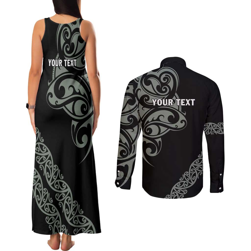 All Black Maori Tribal Tattoo Personalised Couples Matching Tank Maxi Dress and Long Sleeve Button Shirt Moss Green Polynesian Style - Polynesian Pride